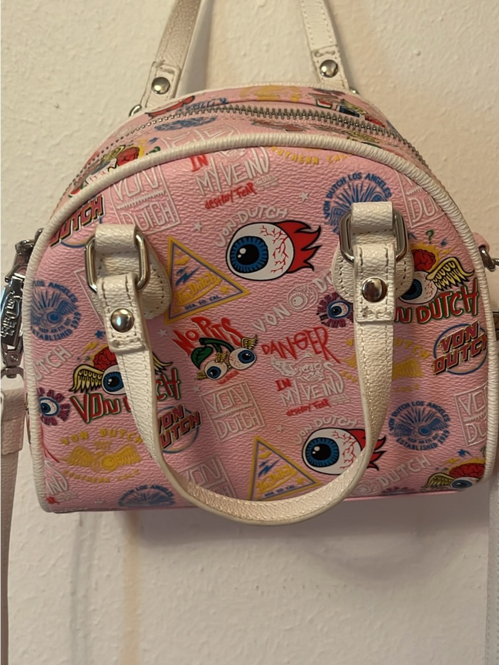 Von Dutch Pink Graphic Mini Dome Satchel with White Straps